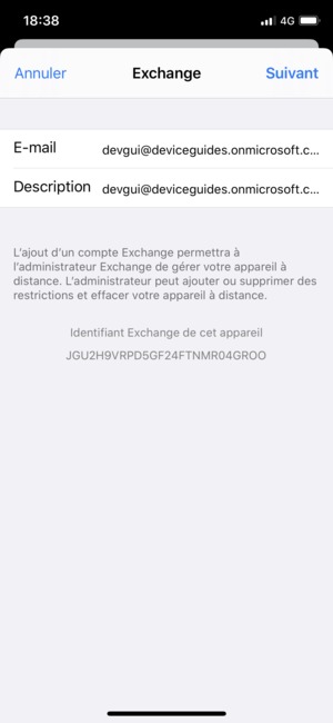 Saisissez vos informations de messagerie Exchange et sélectionnez Suivant