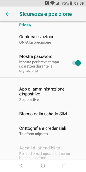 Per cambiare il PIN della scheda SIM, torna al menu Sicurezza e posizione e seleziona Blocco della scheda SIM