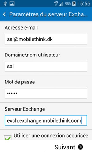 Saisissez votre Nom d'utilisateur et l'adresse du serveur Exchange. Sélectionnez Suivant