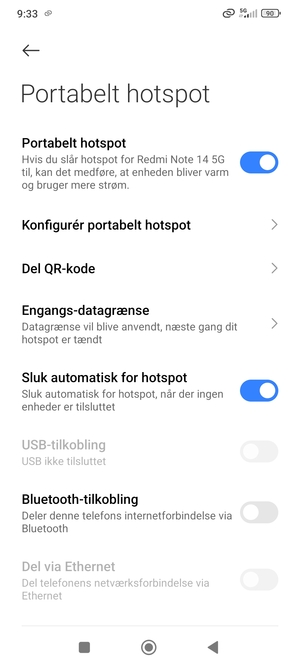 Din telefon er nu sat op til brug som modem