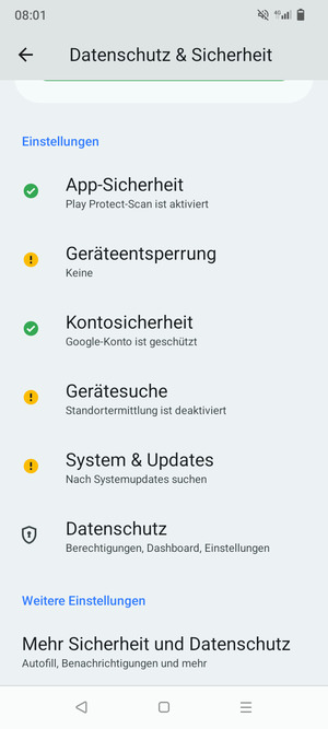Um die PIN für die SIM-Karte zu wechseln, gehen Sie zum Sicherheit & Datenschutz Menü und wählen Sie Mehr Sicherheit und Datenschutz