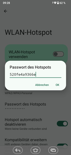 Geben Sie eine WLAN-Hotspot-Passwort mit mindestens 8 Zeichen ein und wählen Sie OK