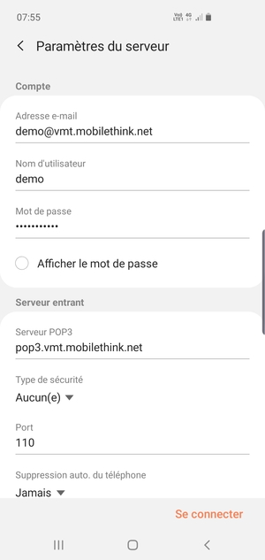 Saisissez votre Nom d'utilisateur et l'adresse du serveur entrant