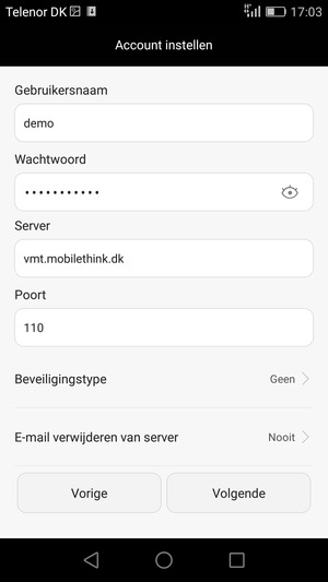 Voer Gebruikersnaam en binnenkomend serveradres in. Selecteer Volgende