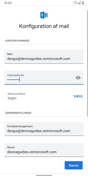 Indtast Brugernavn og Exchange serveradresse. Vælg Næste