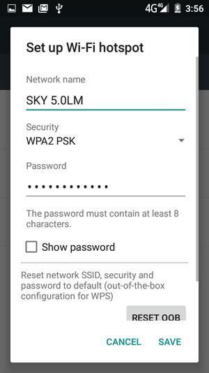 Enter a Wi-Fi hotspot password of at least 8 characters and select SAVE