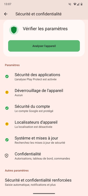 Pour modifier le code PIN de la carte SIM, allez dans le menu Sécurité et confidentialité et faites défiler et sélectionnez Sécurité et confidentialité renforcées