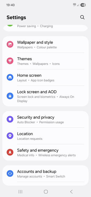 Scroll to and select Security and privacy