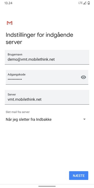 Indtast Brugernavn og indgående serveradresse. Vælg NÆSTE