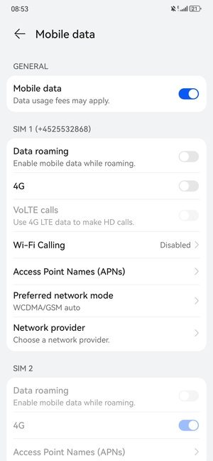 Scroll to SIM 1 or SIM 2 and select Access Point Names (APNs)