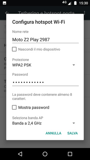 Inserisci una password dell'hotspot Wi-Fi di almeno 8 caratteri e seleziona SALVA