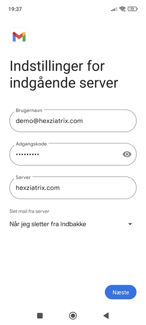 Indtast Brugernavn og indgående serveradresse. Vælg Næste