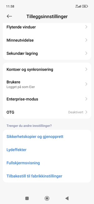 Bla til og velg Kontoer og synkronisering