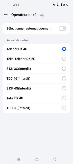 Sélectionnez un opérateur réseau dans la liste