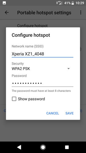 Enter a Wi-Fi hotspot password of at least 8 characters and select SAVE