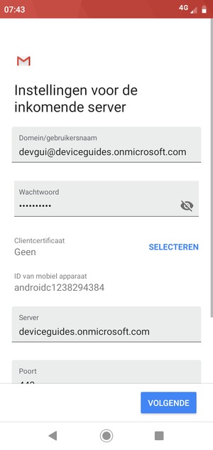 Voer Gebruikersnaam en Exchange serveradres in. Selecteer VOLGENDE