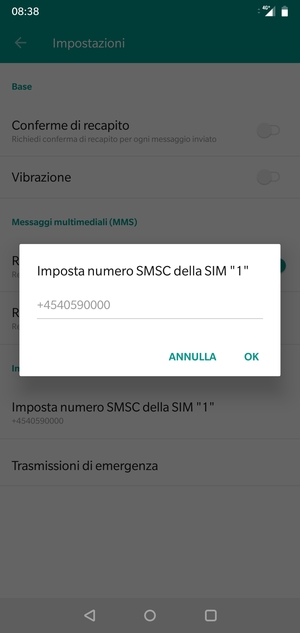 Inserisci Numero SMSC della SIM e seleziona OK