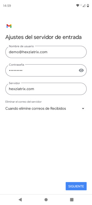 Introduzca Nombre de usuario y la dirección de servidor entrante. Seleccione SIGUIENTE
