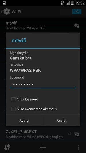Ange lösenord till Wi-Fi och välj Anslut