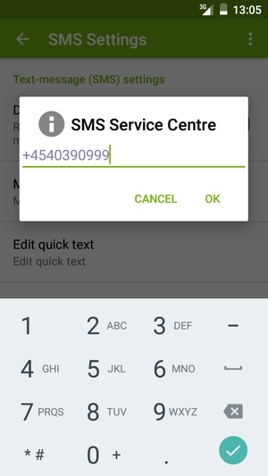 Enter the SMS Service Centre number and select OK