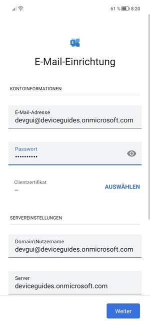 Geben Sie Benutzername und Exchange Server-Adresse ein. Wählen Sie Weiter