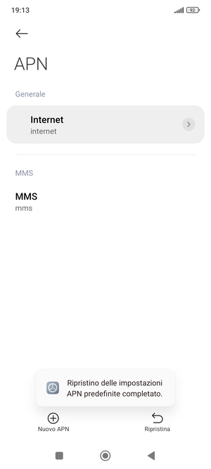 Le impostazioni del tuo telefono saranno ripristinate secondo le impostazioni internet e MMS predefinite