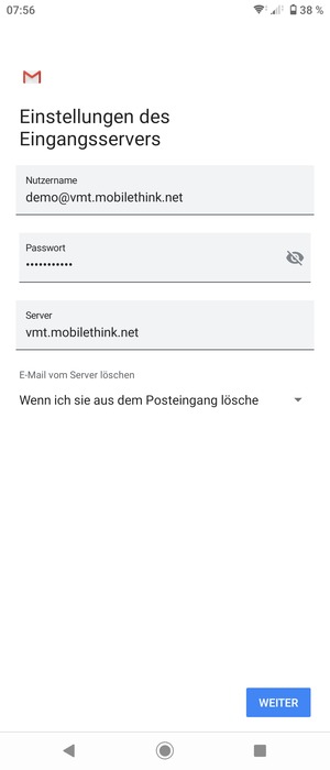 Geben Sie Benutzername und die Server-Adresse für eingehende Post ein. Wählen Sie WEITER