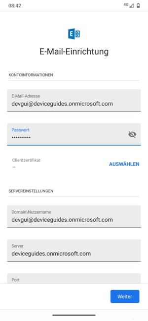 Geben Sie Benutzername und Exchange Server-Adresse ein. Wählen Sie Weiter