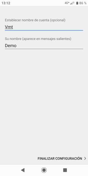 Déle a su cuenta un nombre y escriba su nombre. Seleccione FINALIZAR CONFIGURACIÓN