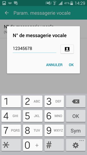 Saisissez le N° de messagerie vocale et sélectionnez OK