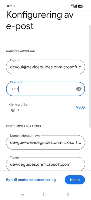Skriv inn Brukernavn og Exchange serveradresse. Velg Neste