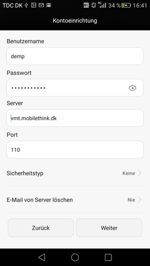 Geben Sie Benutzername und die Server-Adresse für eingehende Post ein. Wählen Sie Weiter