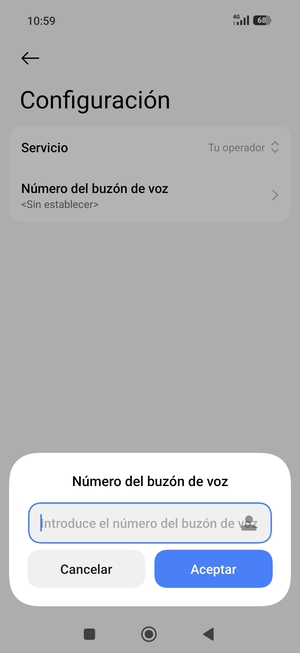 Introduzca el Número del buzón de voz y seleccione Aceptar