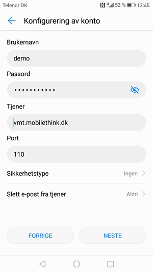 Skriv inn Brukernavn og innkommende serveradresse. Velg NESTE