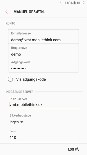 Indtast Brugernavn og Indgående serveradresse