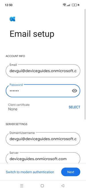 Enter Username and Exchange server address. Select Next