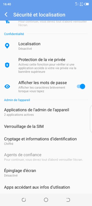 Pour modifier le code PIN de la carte SIM, faites défiler et sélectionnez Verrouillage de la SIM