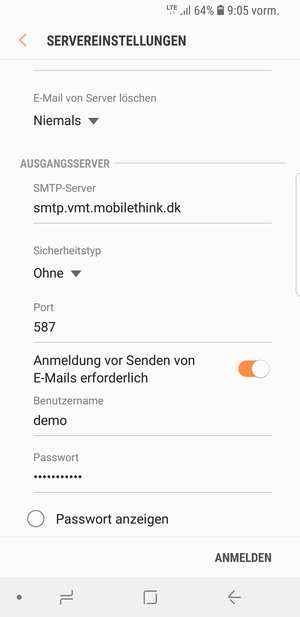 Scrollen Sie nach unten und geben Sie die Server-Adresse für ausgehende Post ein