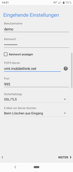 Geben Sie Benutzername und die Server-Adresse für eingehende Post ein