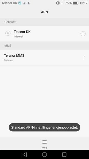 Telefonen din vil tilbakestilles til standard internett-og MMS-innstillinger