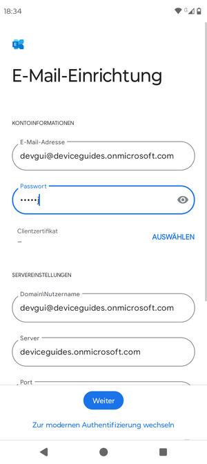 Geben Sie Benutzername und Exchange Server-Adresse ein. Wählen Sie Weiter