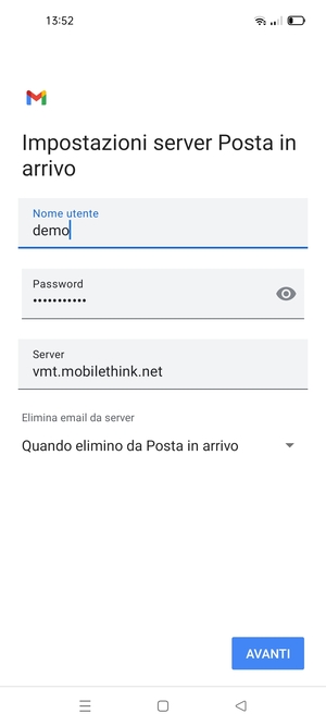 Inserisci Nome utente e l'indirizzo del server di posta in arrivo. Seleziona AVANTI