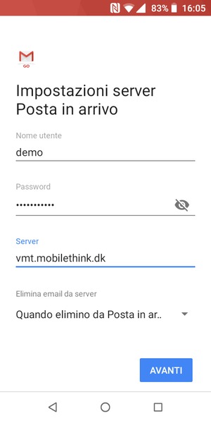 Inserisci Nome utente e l'indirizzo del server arrivo. Seleziona AVANTI