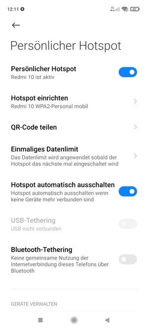 Ihr Handy ist jetzt für die Verwendung als Modem eingerichtet