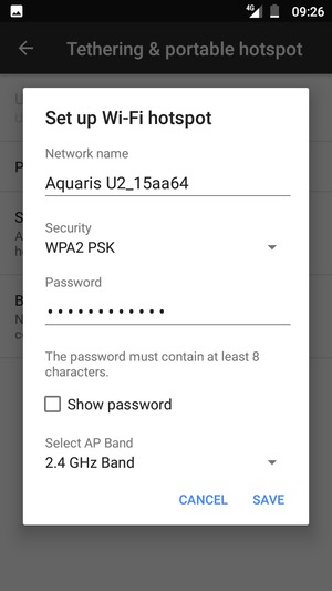 Enter a Wi-Fi hotspot password of at least 8 characters and select SAVE