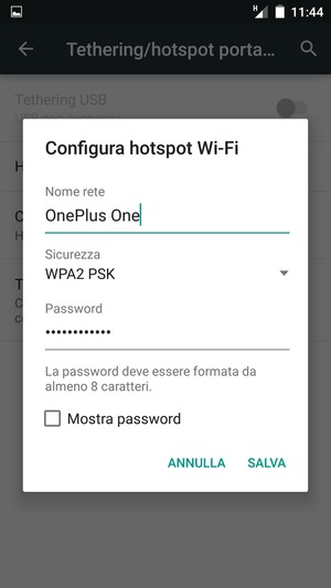 Inserisci una password dell'hotspot Wi-Fi di almeno 8 caratteri e seleziona SALVA