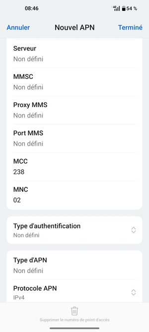 Faites défiler vers le bas et saisissez les informations Internet
