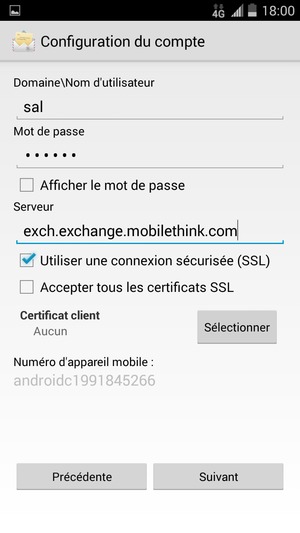 Saisissez votre Nom d'utilisateur et l'adresse du serveur Exchange. Sélectionnez Suivant