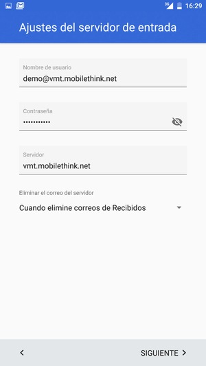 Introduzca Nombre de usuario y la dirección de servidor entrante. Seleccione SIGUIENTE