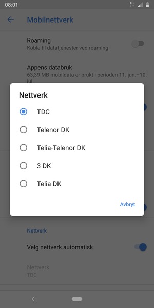 Velg en nettverksoperatør fra listen